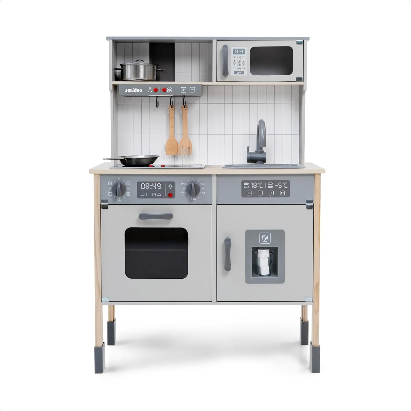 Cozinha de madeira Little Chef's Kitchenette com forno iluminado, micro-ondas e máquina de gelo. Conjunto de brinquedo para crianças de 3 a 6 anos.