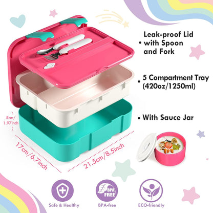 Lehoo Castle Lancheira infantil Bento, lancheira com 5 compartimentos, recipientes de almoço de 1,25L com pote de molho, colher e garfo para meninos e meninas, escola, à prova de vazamentos, sem BPA (dinossauro)