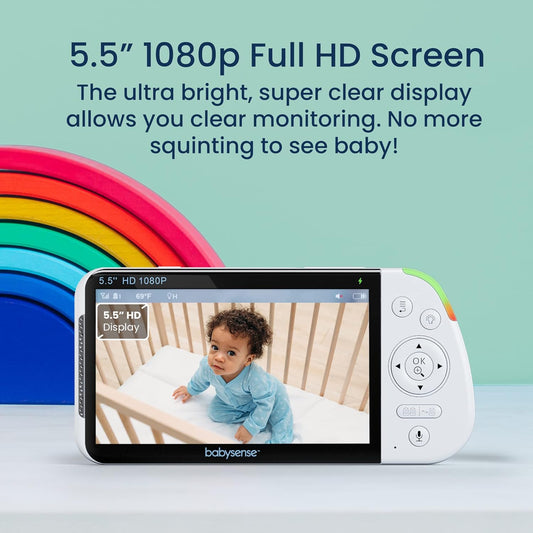 Babysense Vigilabebés con Pantalla Dividida Full HD 5,5" 1080p, Vigilabebés con Cámara y Audio, Cámara PTZ, Luz Nocturna RGB, Alcance 300m, Audio Bidireccional, Zoom 4x, Batería 5000mAh