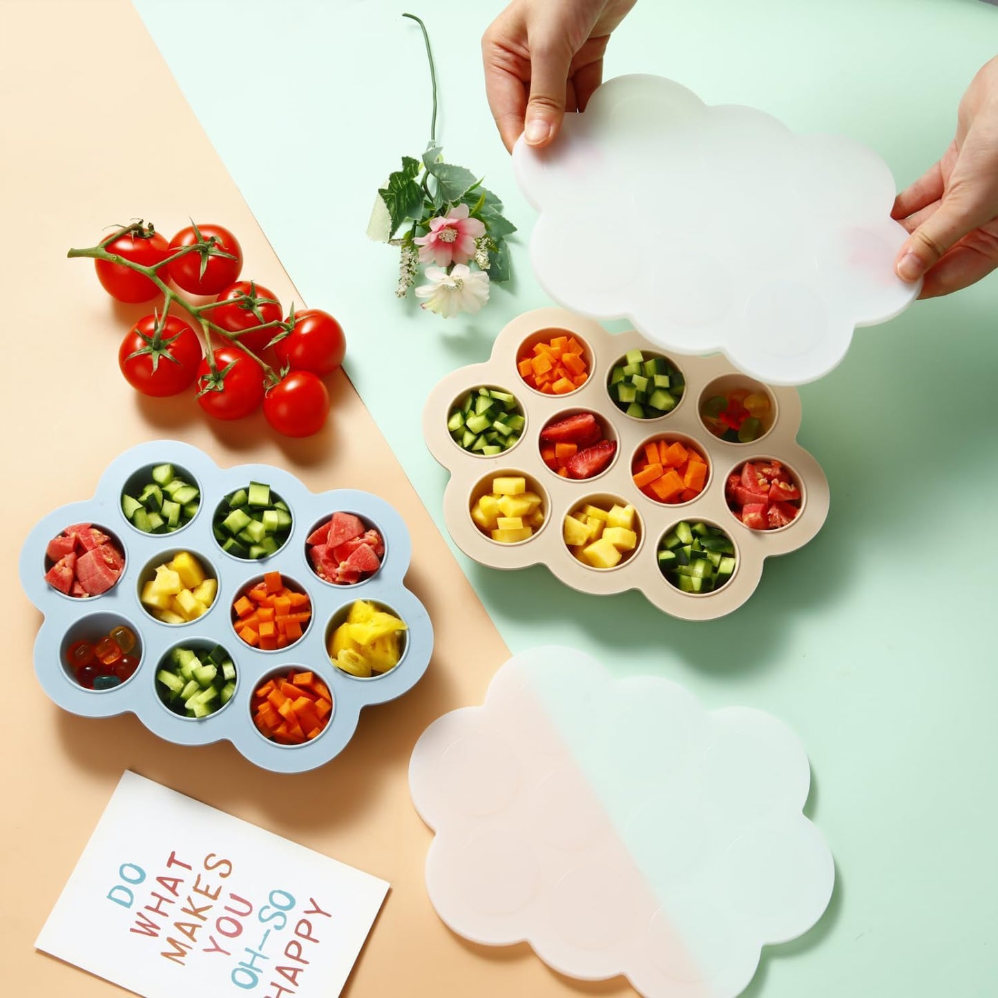 PandaEar Conjunto de 2 Bandejas de Silicone para Congelador de Comida de Bebê com Tampas, Bandeja para Congelamento de Comida de Bebê para Introdução Alimentar,