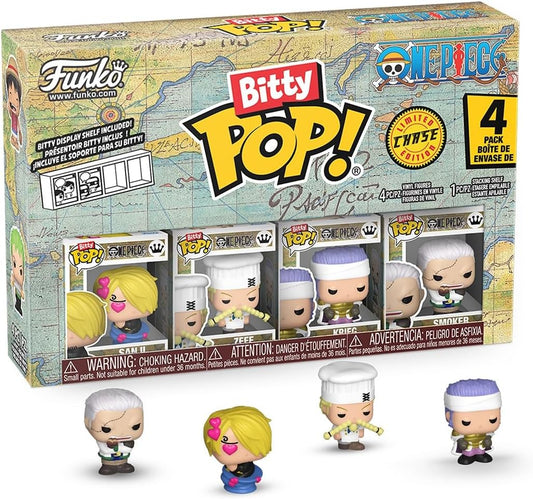 Funko Bitty Pop! One Piece - Sanji - Pacote com 4 - Probabilidade de 1/6 para uma variante rara de Chase e uma minifigura surpresa misteriosa - 2,2 cm (0,9 pol.) - Prateleira de exposição empilhável incluída