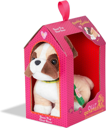 Our Generation Boxer Puppy - Peluche de perro de 6 pulgadas para muñecas de 18 pulgadas - Incluye collar y correa