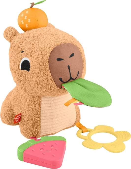 Fisher-Price Brinquedo sensorial para bebês, Capivara de pelúcia Snuggly Snacky com mordedor e chocalho para bebês a partir de 3 meses, HYR54