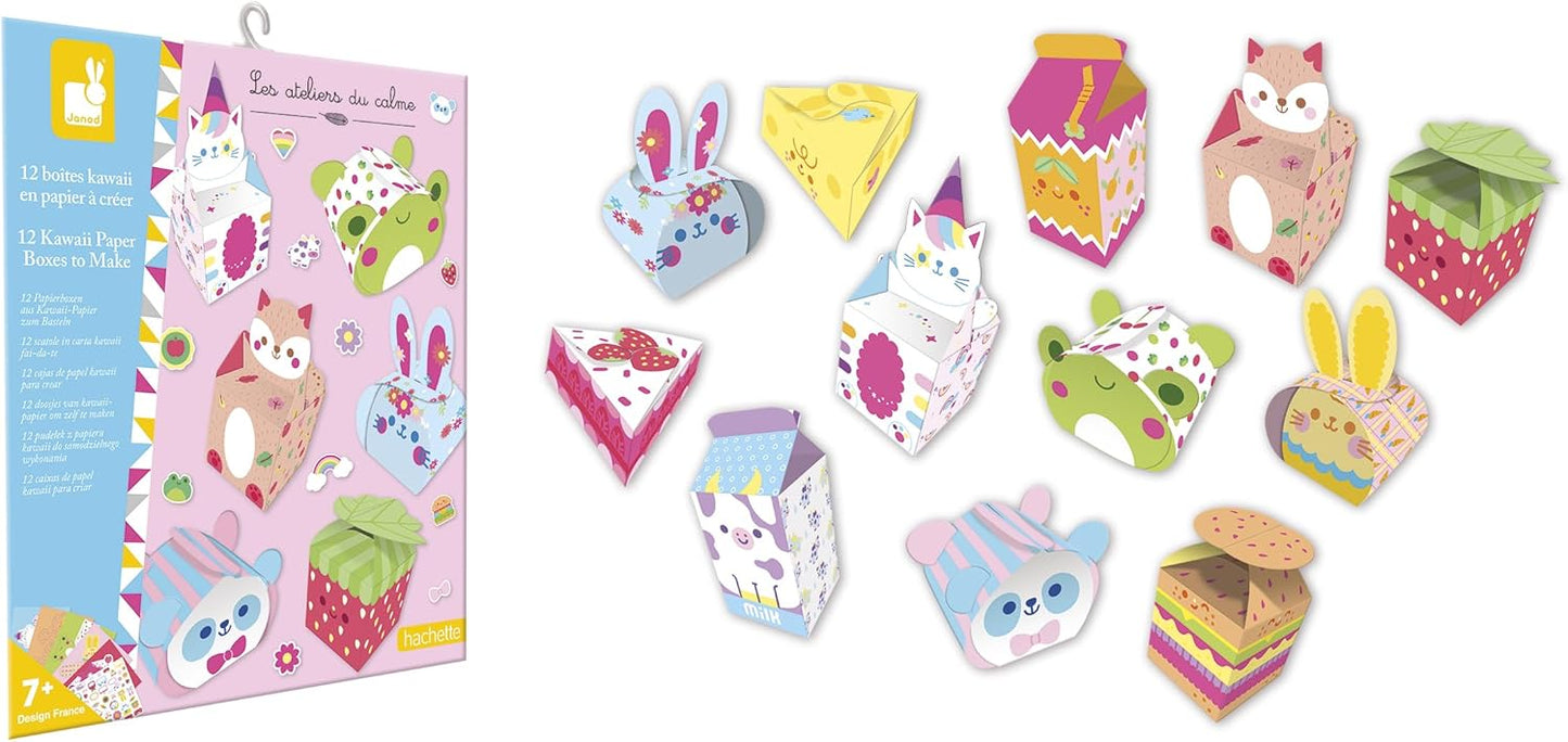 Janod - 12 Caixas de Papel Kawaii para Fazer - 12 Desenhos + 1 Folha de Adesivos - Faça Você Mesmo - Les Ateliers Du Calme - Kit de Lazer Criativo Infantil - Destreza e Concentração - A partir de 7 Anos - J09164