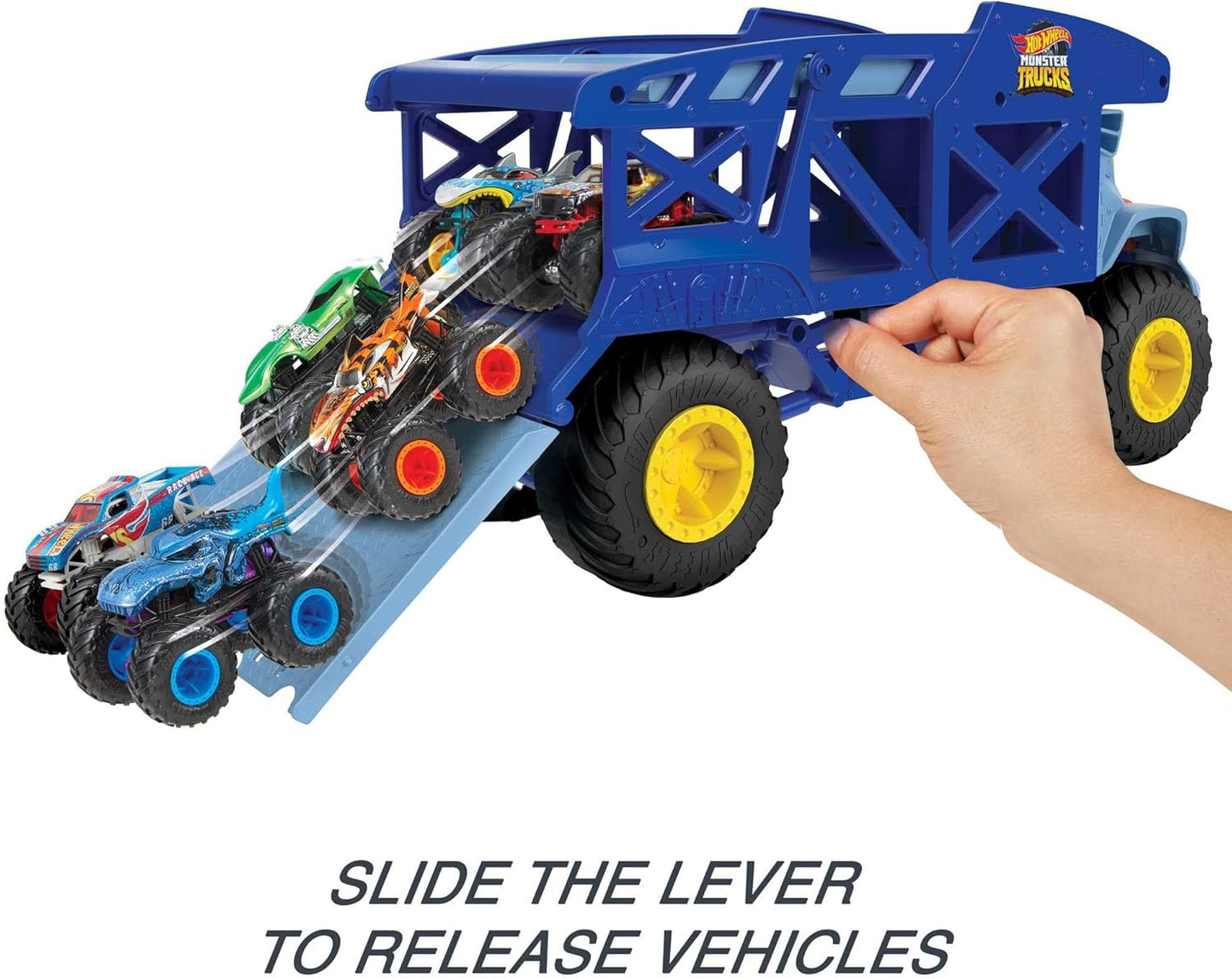 Hot Wheels Monster Trucks Monster Mover Rhino, Toy Car Hauler, comporta 12 Monster Trucks em escala 1:64 ou 32 Hot Wheels, com lançamento de rampa, presente para crianças de 3 anos ou mais, HFB13