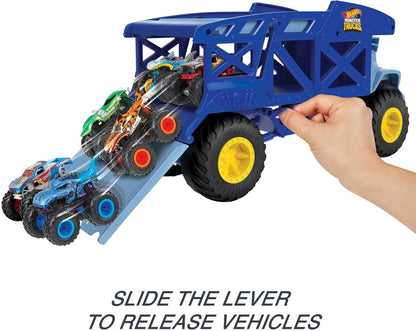 Hot Wheels Monster Trucks Monster Mover Rhino, Toy Car Hauler, comporta 12 Monster Trucks em escala 1:64 ou 32 Hot Wheels, com lançamento de rampa, presente para crianças de 3 anos ou mais, HFB13