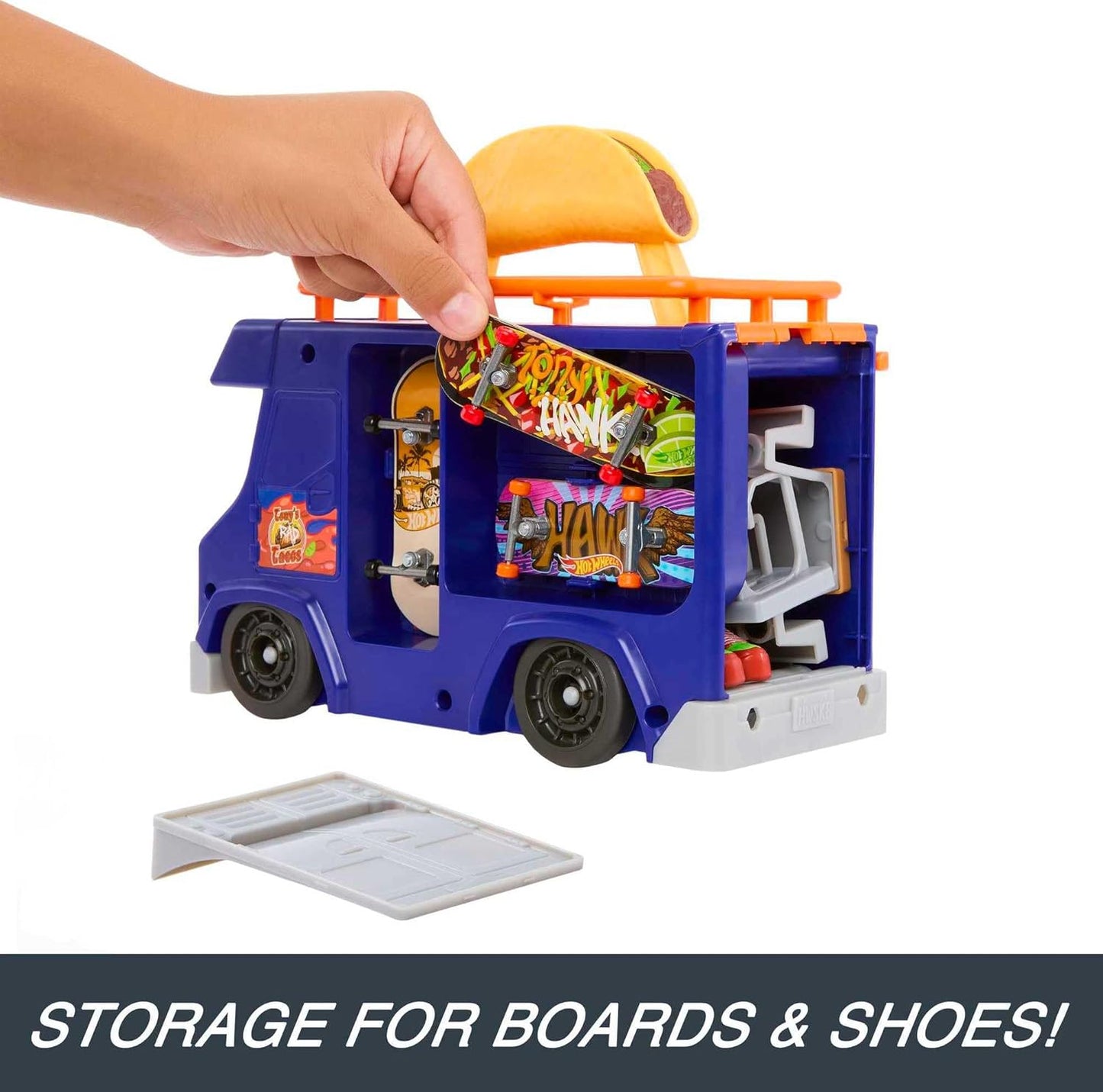 Hot Wheels Estojo Skate Taco Truck - Com corrimão retrátil para manobras radicais de skate, inclui fingerboard exclusivo e sapatos de skate removíveis, para crianças a partir de 5 anos, HMK00