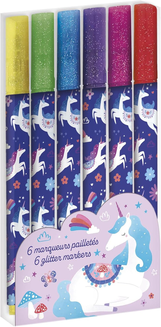 Janod - 6 Marcadores com Efeito Glitter - Tema Unicórnio - 6 Cores - Marcador Mágico para Desenhar, Colorir, Artesanato, Ideia de Presente para Adolescentes - Atividades Criativas - 6 Anos ou Mais - J08934