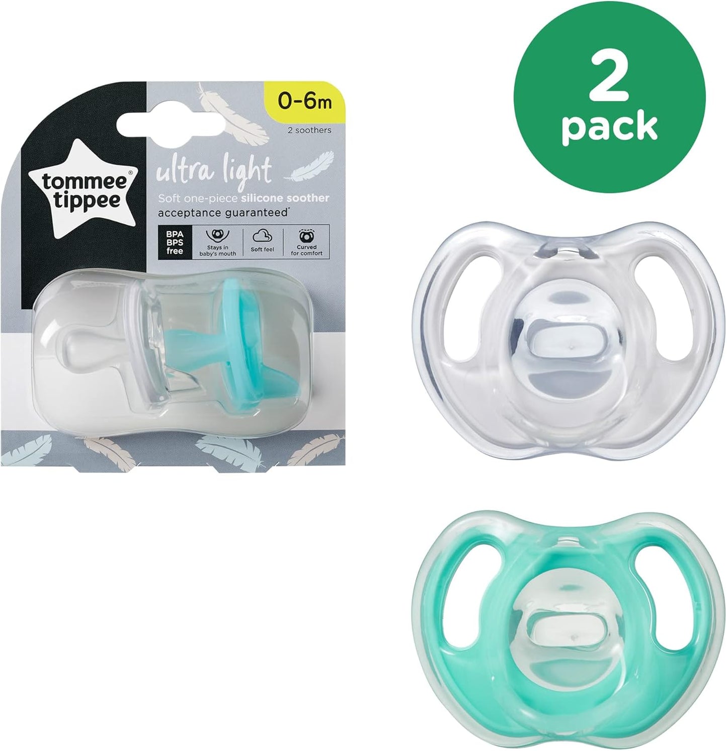 Tommee Tippee Chupetas ultraleves, 0-6 meses, 2 pacotes de silicone de uma peça, chupetas sem BPA
