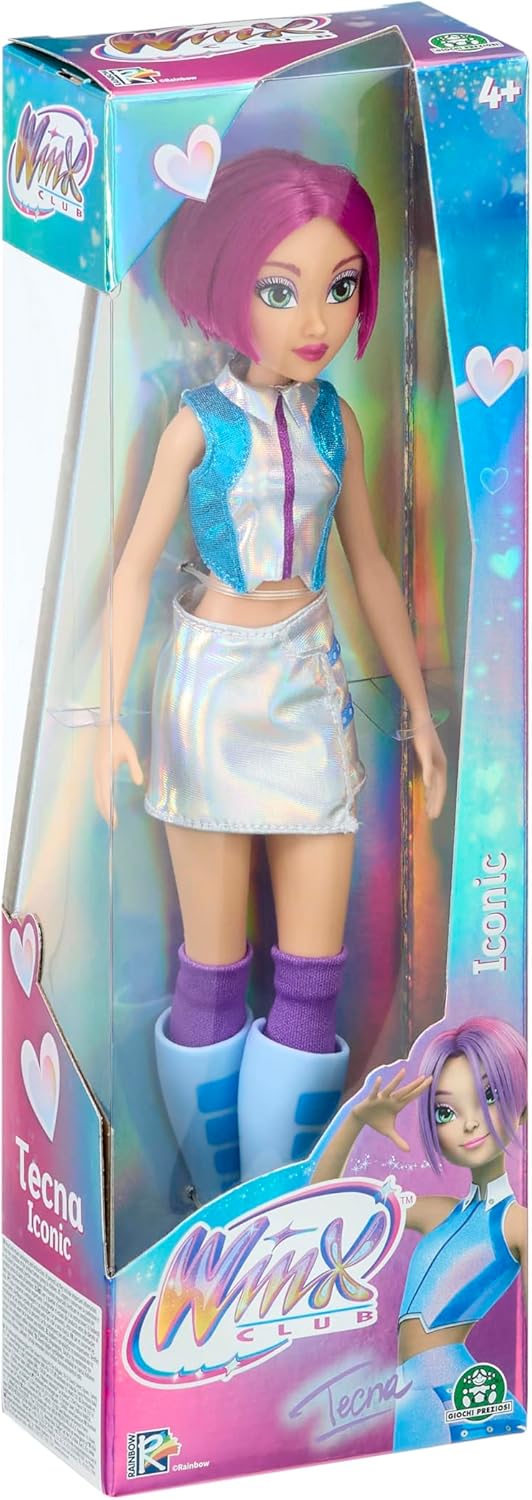 Winx Iconic Boneca – Tecna com Roupa Característica e Articulações – Boneca Fashion Clássica de 27cm com Cabelo Roxo e Saia Prateada – Brinquedo Oficial do Clube Winx para Meninas – Brincadeira Mágica de Aventura – A partir de 4 Anos