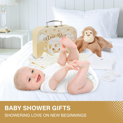 Baby Box Shop - Conjunto de presente para recém-nascidos - Cesta premium com chocalho para cachorro, porta-retratos, tecido de musselina, chá de bebê para recém-nascidos