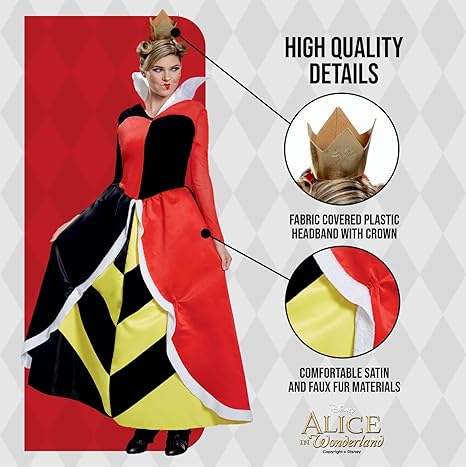 DISGUISE Disney oficial clássico vermelho rainha de corações traje adultos, alice no país das maravilhas traje natal halloween fantasia vestir-se tamanho l