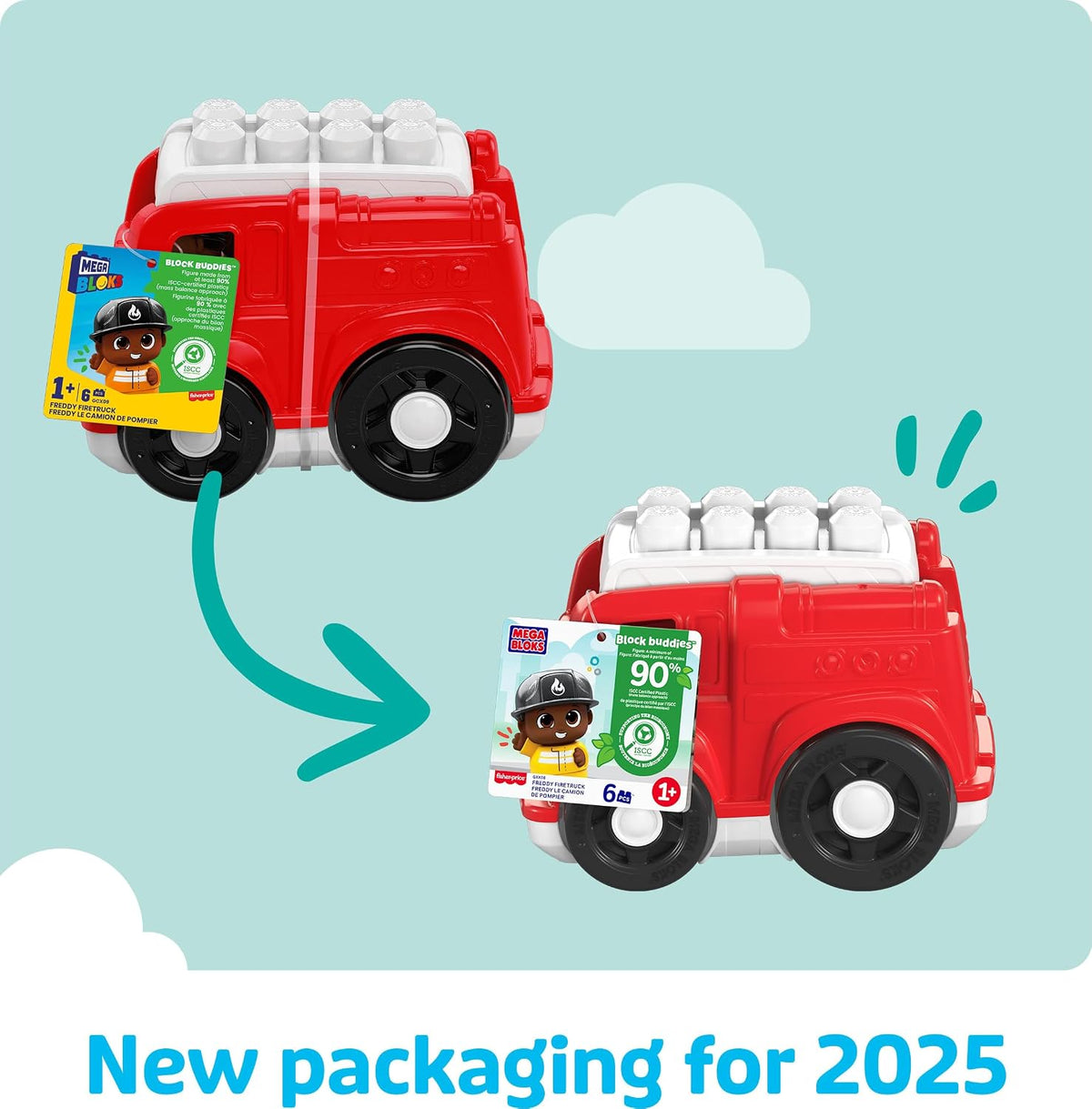 Mega Conjunto de Brinquedo Bloks First Builders com Blocos de Montar para Crianças Pequenas – Caminhão de Bombeiros Freddy com 6 Peças e Compartimento de Armazenamento, 1 Boneco, Vermelho, Para Maiores de 1 Ano, GXX08