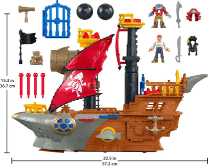 Brinquedo Fisher-Price Imaginext para crianças em idade pré-escolar: Navio Pirata Mordida de Tubarão, com figura e acessórios para brincadeiras de faz de conta. Ideal para crianças a partir de 3 anos. HGN68