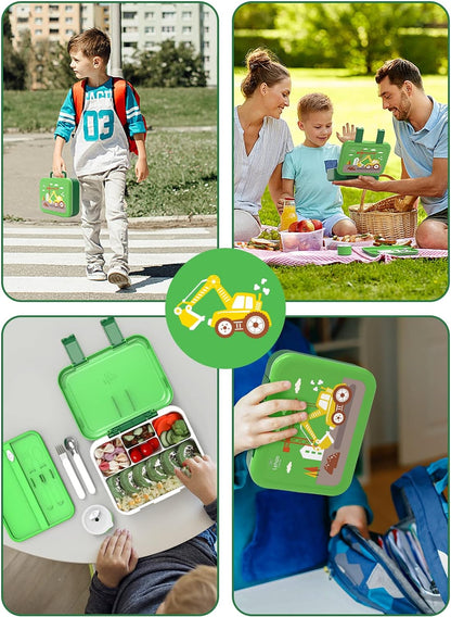 Lehoo Castle Lancheira infantil Bento, lancheira com 5 compartimentos, recipientes de almoço de 1,25L com pote de molho, colher e garfo para meninos e meninas, escola, à prova de vazamentos, sem BPA (dinossauro)