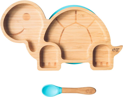Juego de cuchara y plato de succión de bambú Moon and Moo Turtle para niños, niños pequeños y destete del bebé - No tóxico - Sin plástico - Permanece en su lugar - Plato de succión para bebé - Juego de destete para bebé (gris)