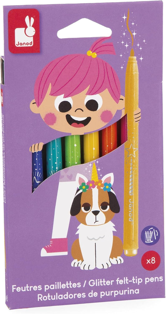 Janod - 8 canetas com glitter - alta densidade de glitter e tinta lavável - cores sortidas - colorir para crianças - hobbies criativos, scrapbooking, artes e ofícios - idades 3+ - J07412