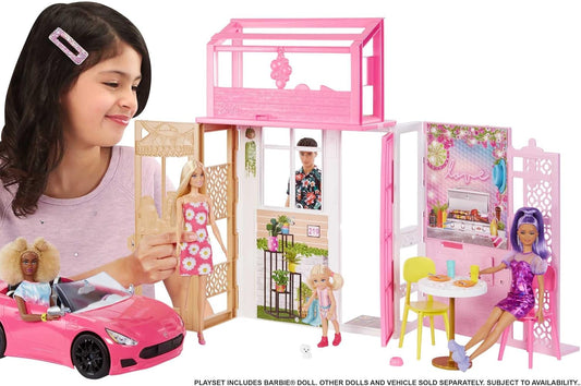Barbie Conjunto de casa de bonecas com boneca Barbie e casa com 2 níveis e 4 áreas de recreação, totalmente mobiliado, com filhote de cachorro e acessórios, presente para crianças de 3 anos ou mais, HHY40