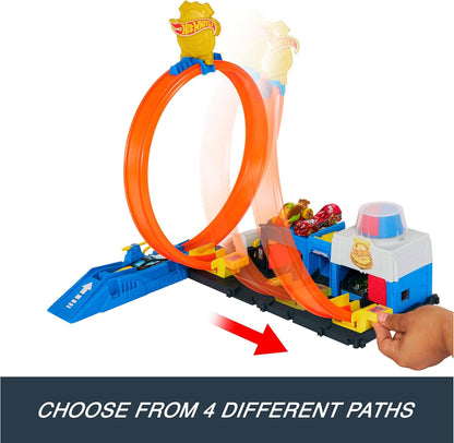 Conjunto de Pista de Carrinhos Hot Wheels, Super Delegacia de Polícia com Veículo Die-Cast em Escala 1:64, Circuito Ajustável para Diversas Maneiras de Correr e Fazer Acrobacias, JBM71