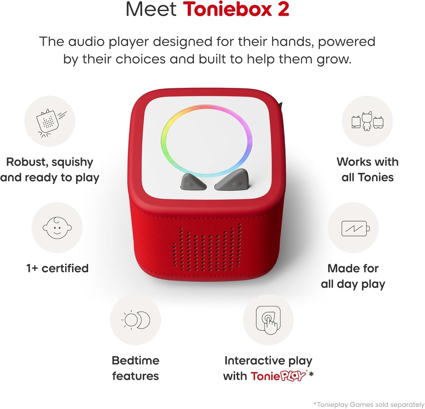 Pacote Toniebox 2 Tonies com 4 Tonies: Peppa Pig - George Pig, Histórias de ninar da Peppa, Peppa Pig - Aprenda com Peppa, Peppa Pig - Na estrada com Peppa, Sunset Red