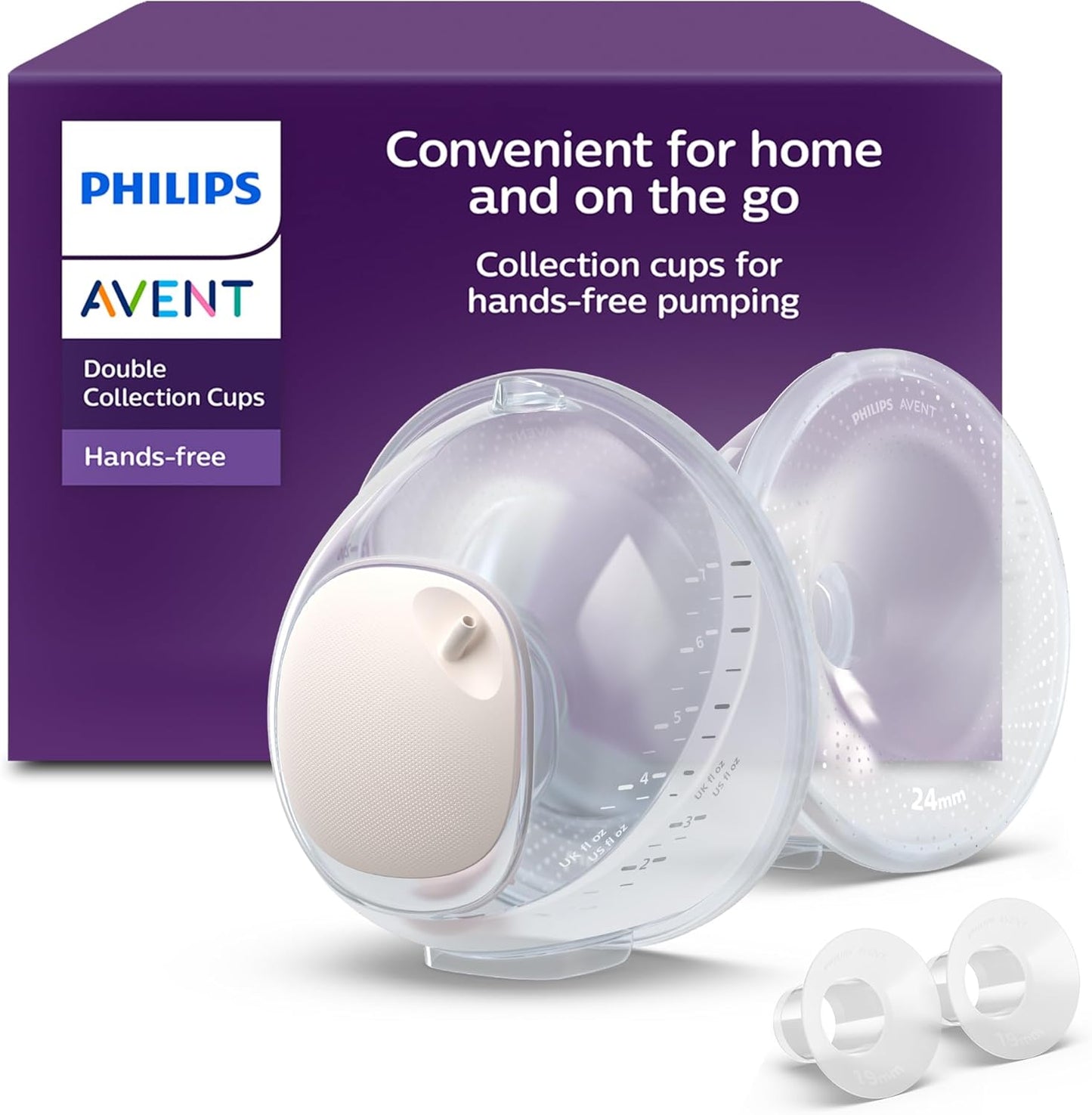 Philips Avent Copos Coletores Duplos Mãos Livres, Copos Coletores Ultraleves e Transparentes para Bomba Tira-Leite Elétrica, 4 Protetores de Seio (2x 21 mm, 2x 24 mm), 2 Protetores de 19 mm, Cartão de Tamanhos, SCF439/01