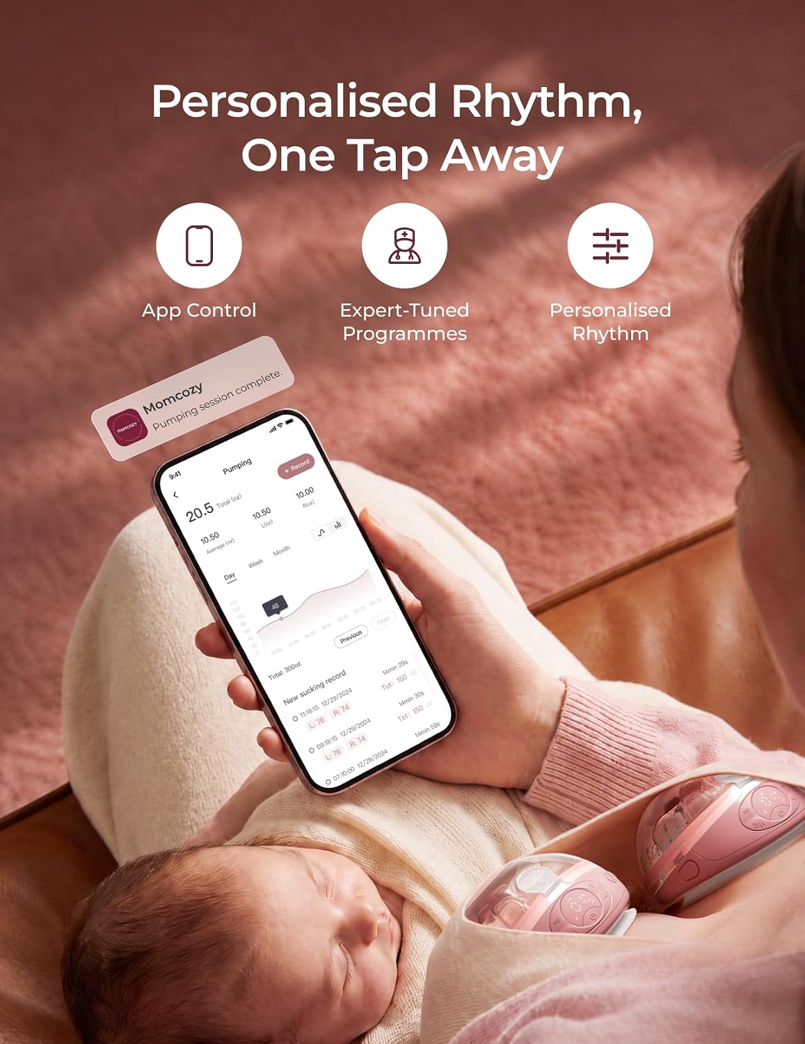 Momcozy Bomba tira-leite vestível Wellness 1, com massagem aquecida, sistema duplo "mãos livres", funil com aquecimento e simulação de massagem para uma amamentação confortável e auxílio na ejeção do leite; controlada por aplicativo,