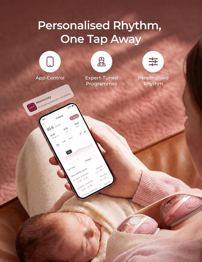 Momcozy Bomba tira-leite vestível Wellness 1, com massagem aquecida, sistema duplo "mãos livres", funil com aquecimento e simulação de massagem para uma amamentação confortável e auxílio na ejeção do leite; controlada por aplicativo,