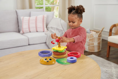 VTech Construye una hamburguesa, apila y clasifica juguete para bebés con 6 piezas de comida, clasifica formas, apila, combina, gira y juega con colores, regalo para bebés de 18, 24 meses en adelante, versión en inglés