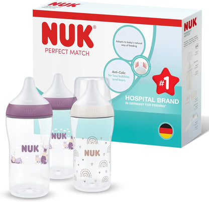 NUK Mamadeira Perfect Match | 3+ Meses | 260ml | Anticólica | PP | Indicador de Temperatura | Hipopótamo | Pacote com 3 unidades