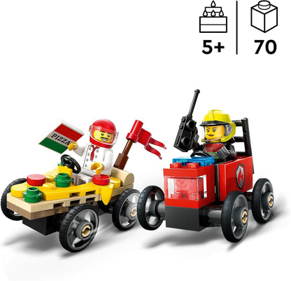 LEGO City Pizza vs. Fire Truck Race Car Pack Toy - Soapbox Car Toys para meninos e meninas de 5 anos ou mais - Presentes divertidos de feriado ou aniversário - Conjunto de veículos inclui 2 minifiguras