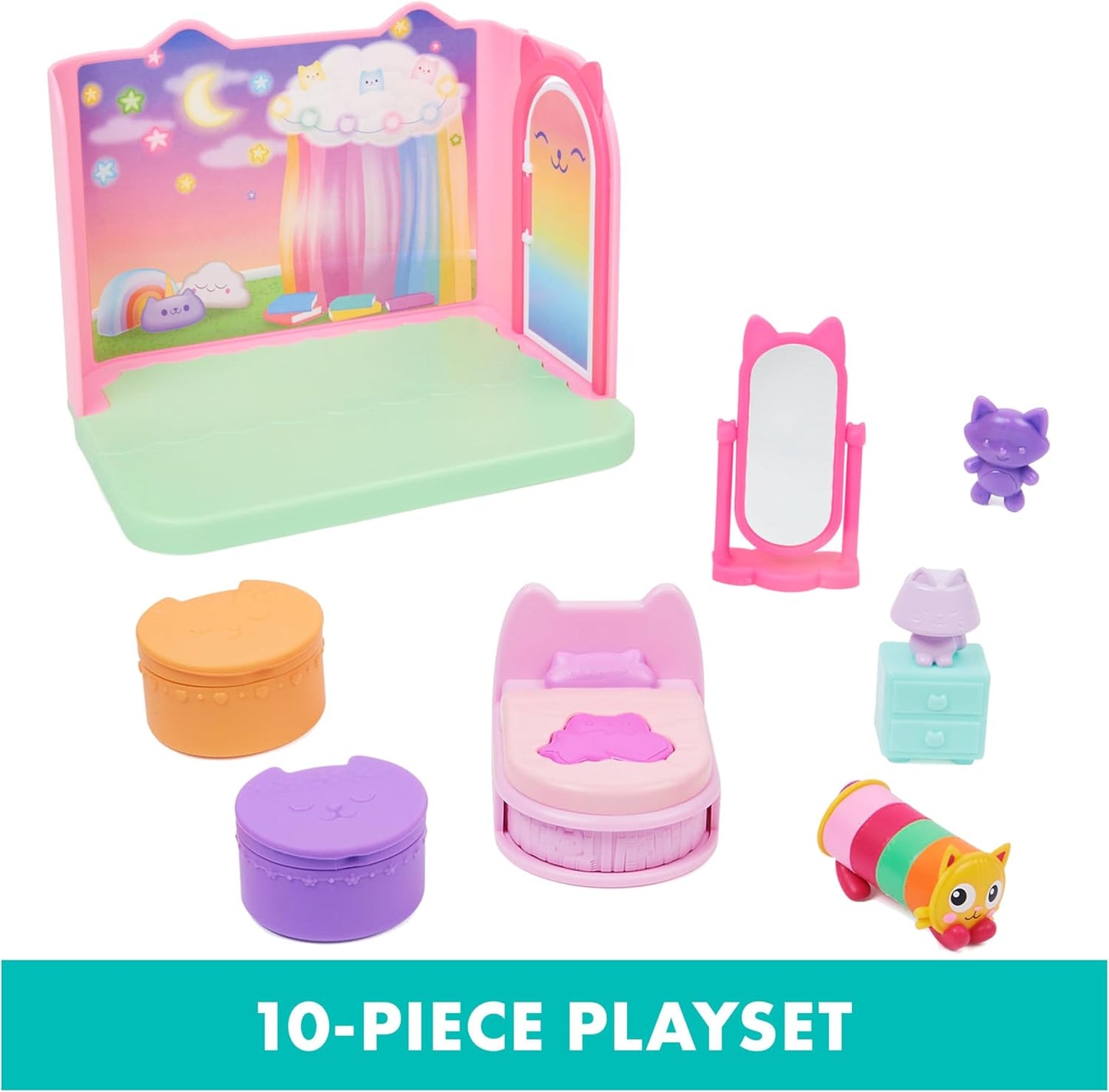 Casa de bonecas da Gabby, quarto "Doces Sonhos" com travesseiro em forma de gato e 3 acessórios, 3 móveis e 2 entregas. Brinquedo infantil para crianças a partir de 3 anos.