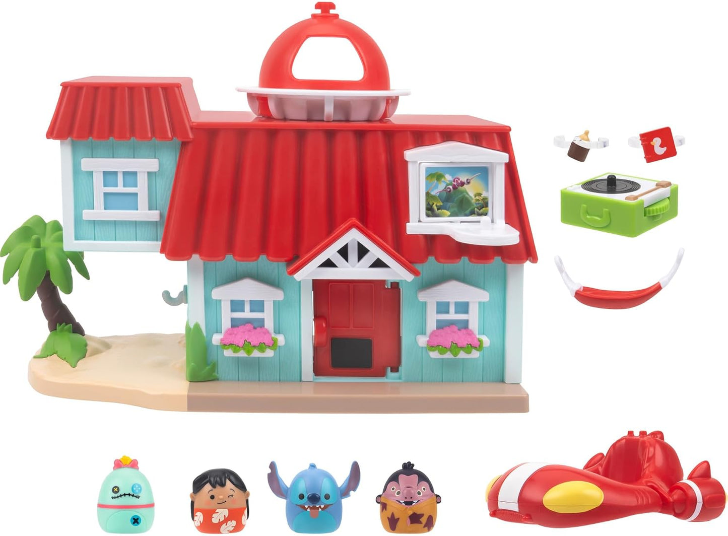 Squish-a-longs Conjunto de Brinquedo Casa da Lilo Disney Stitch inclui mini-Squish do Stitch, Jumba, Scrump e Lilo, além de acessórios
