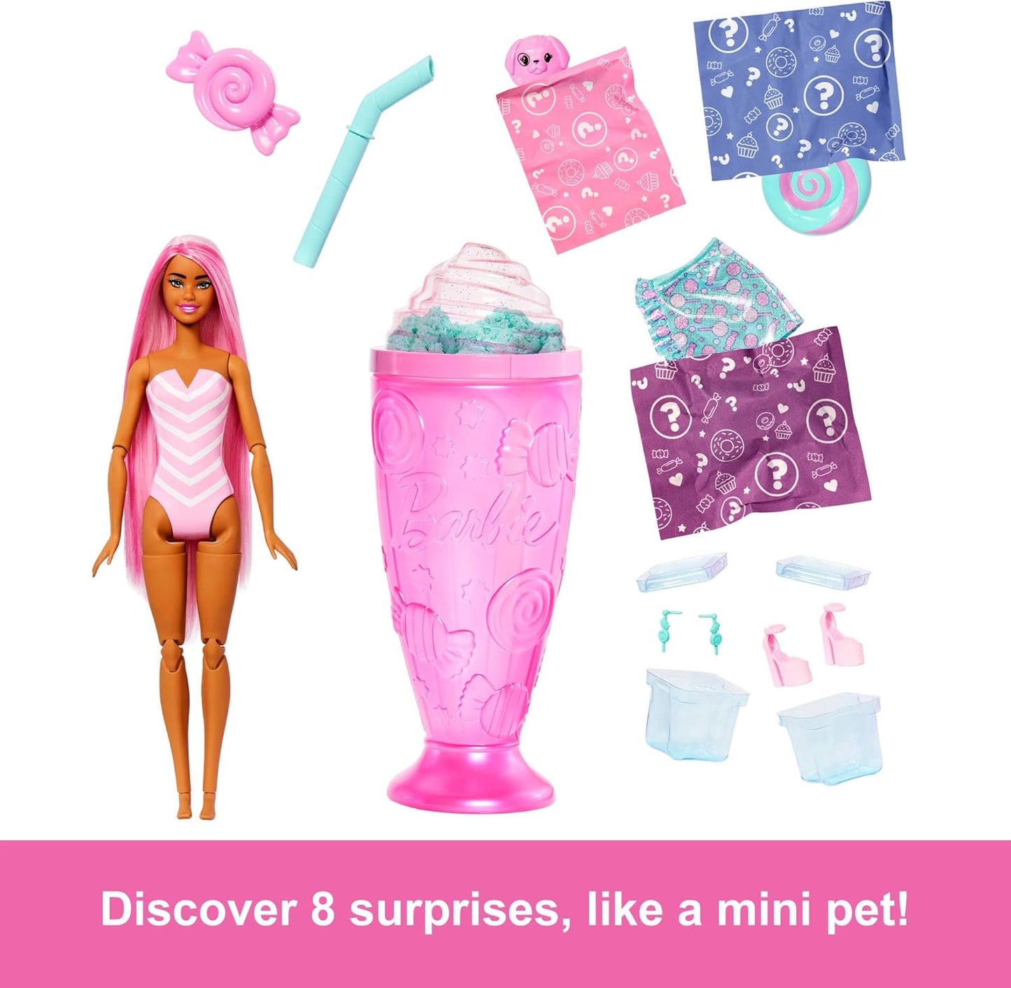 Barbie Pop Reveal Series - Boneca Fashion e Acessórios, Série Treat, Tema Sweet Swirl com Animal de Estimação, 8 Surpresas Incluindo Mudança de Cor, JFY62