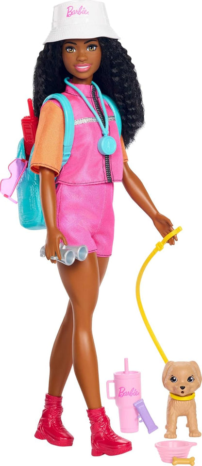 Barbie “Brooklyn” Aventuras ao Ar Livre, Boneca Fashion com Roupa de Aventura e Mais de 10 Acessórios com Tema de Acampamento, Incluindo um Cachorrinho de Estimação, JJV60