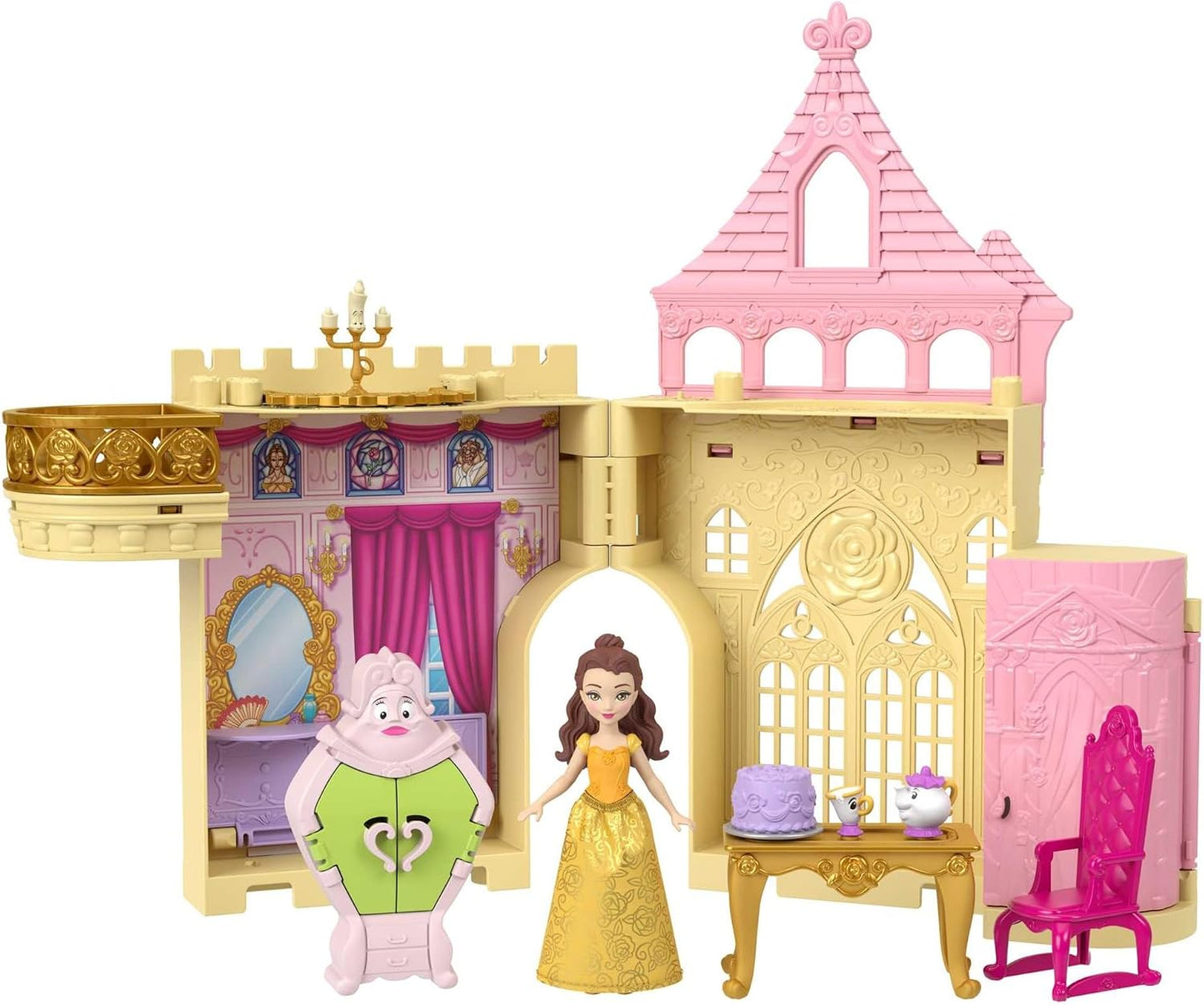 Mattel Conjunto de Brinquedo Casa de Bonecas Disney Princess Belle Storytime Stackers da | Boneca pequena articulada da Bela com saia removível, 4 personagens amigos e 4 acessórios, inspirado no filme da Disney, JDP54