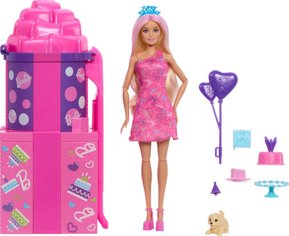 Barbie Rise & Surprise: Boneca e Acessórios, Série Aniversário do Pet com 12 Surpresas, Incluindo Atividade Deslizante e de Mudança de Cor (Modelos Podem Variar), JKF66