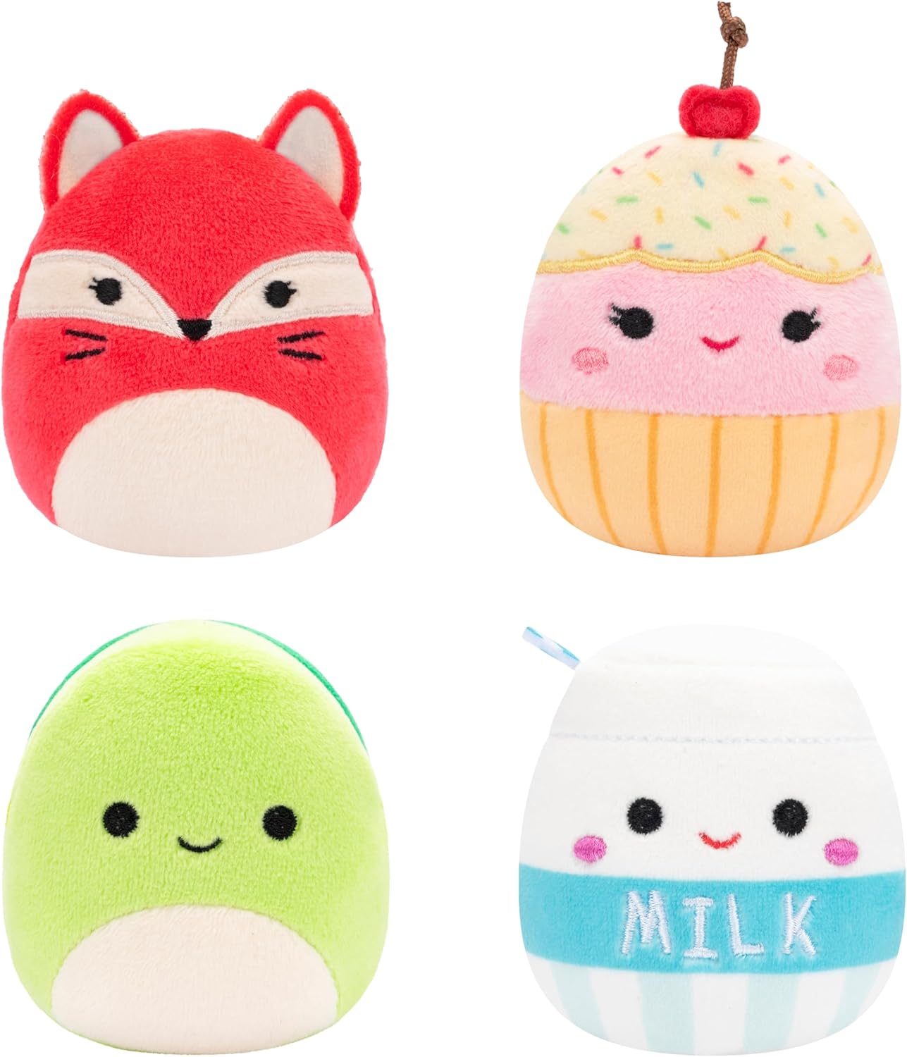 Micromallows Squishmallows Pacote de 4 – Clara Cupcake, Fifi Fox, Henry Turtle, Melly Milk Carton, Multicor