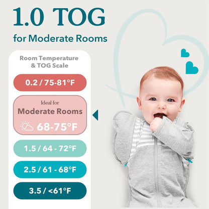 Love To Dream™ Swaddle UP™, Medium 6-8.5 kg - Grey, Snug Fit, Supports Healthy Sleep Routine, 1.0 Tog - Ideal for 20-24°C Temperatures, Machine Washable Cotton & Double Zip for Easy Nappy Changes