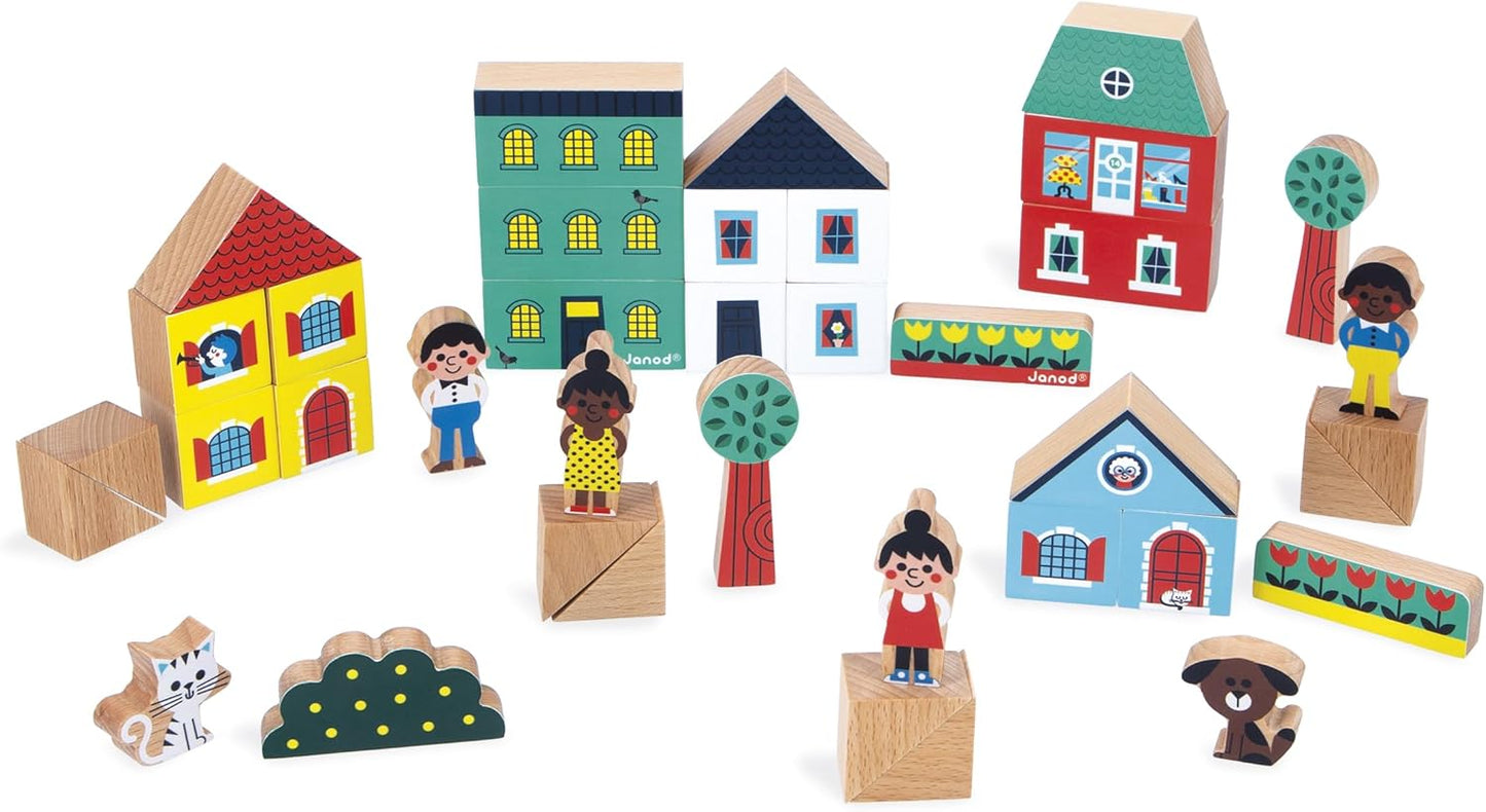 Janod - Conjunto de 36 cubos de madeira maciça - Tema de cidade - Complemento ideal para tapetes de carro - Brinquedo de construção - Desenvolve a imaginação - FSCTM Madeira