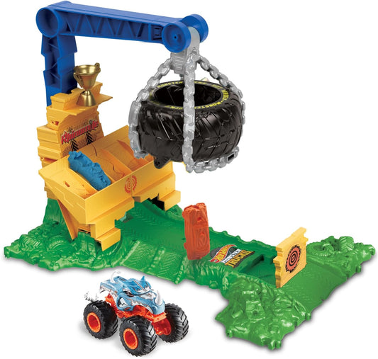 Hot Wheels Monster Trucks Rhinomite Chargin’ Challenge Playset com um caminhão Rhinomite de brinquedo em escala 1:64 e 2 carros esmagados, HTP18