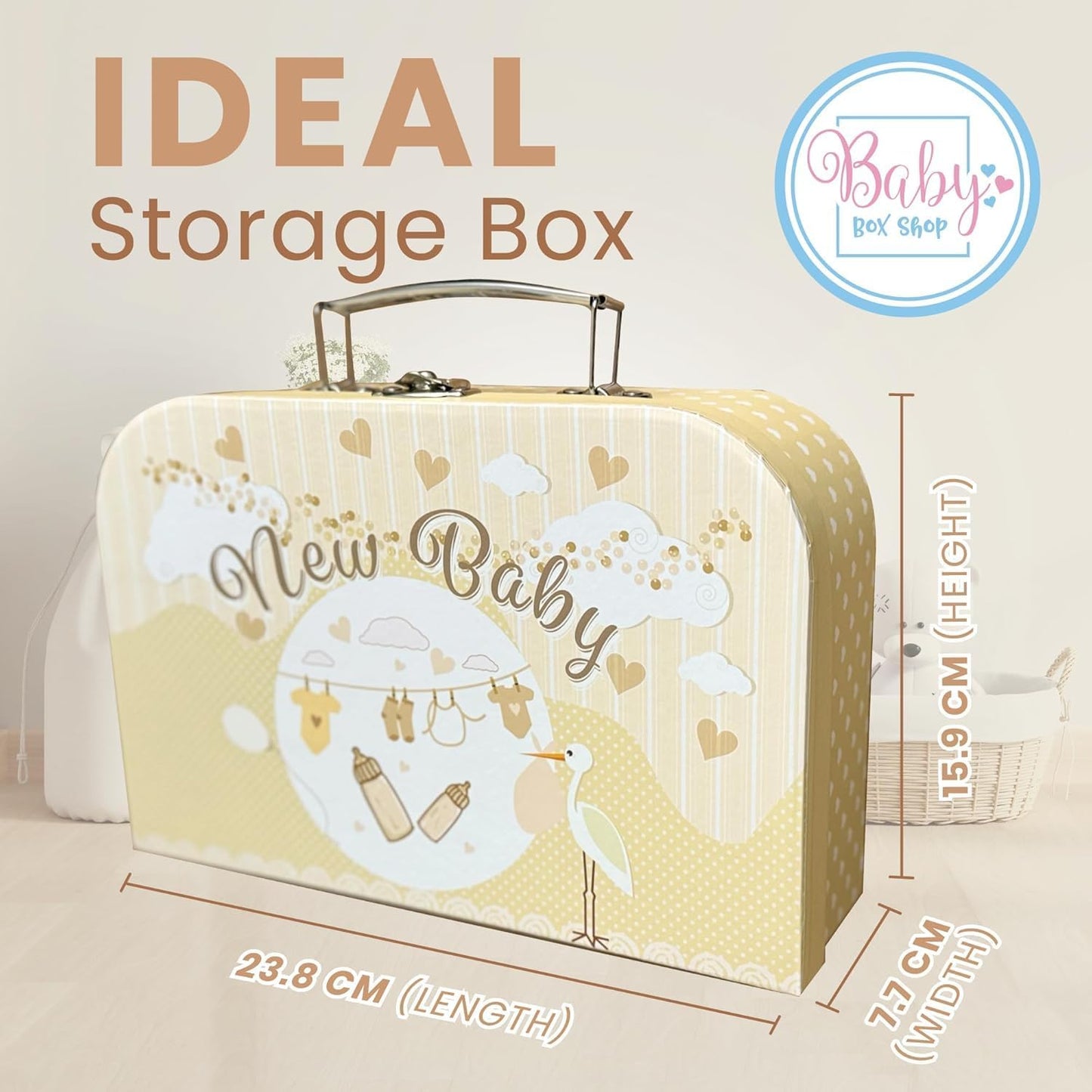 Baby Box Shop - Conjunto de presente para recém-nascidos - Cesta premium com chocalho para cachorro, porta-retratos, tecido de musselina, chá de bebê para recém-nascidos