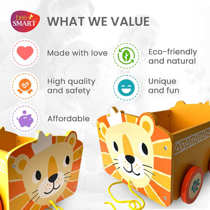 Bee Smart Caixa de brinquedos de madeira - Animal Leão | Carrinho pull along 2 em 1 e caixa de armazenamento sobre rodas para berçário ou quarto infantil | Troncos de bebê para brinquedos infantis