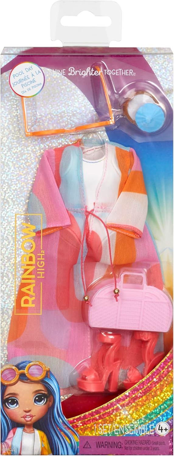O Pacote Rainbow High Fashion, Tema Piscina, inclui 1 roupa completa para piscina, sapatos, joias e acessórios para brincar. Combine com outros pacotes para criar muita diversão. Brinquedo infantil para crianças a partir de 4 anos.