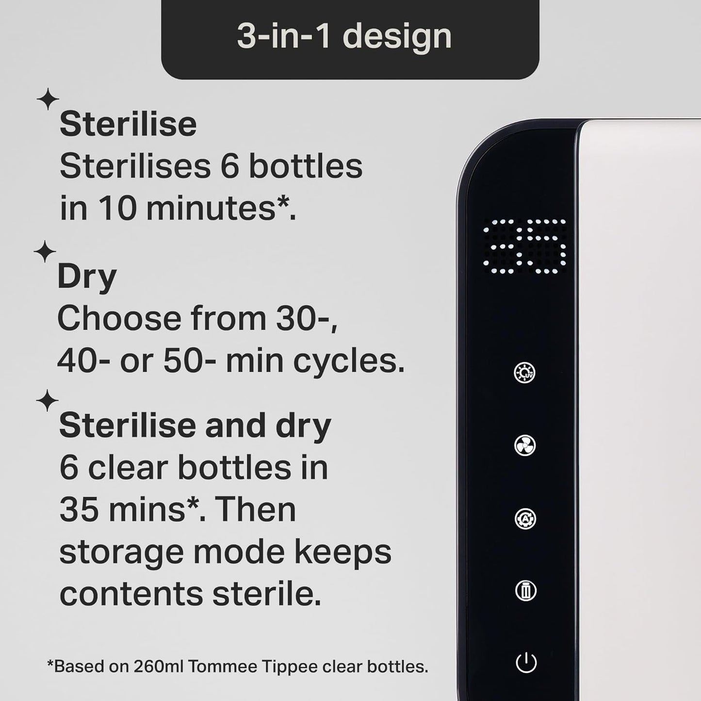 Tommee Tippee Esterilizador, secador e armazenador UV Ultra da, preto, para mamadeiras e acessórios de bebê, sem vapor para matar vírus^ e 99,9% das bactérias nocivas.