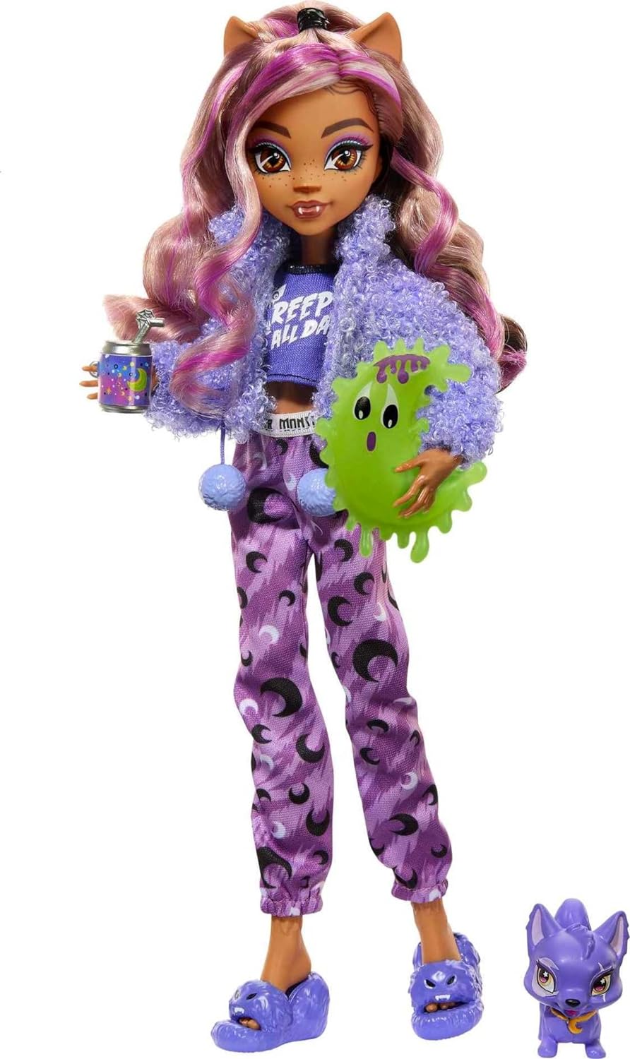 Muñeca Monster High y accesorios para fiesta de pijamas, muñeca Clawdeen Wolf con perro en crecimiento, fiesta Creepover, HKY67