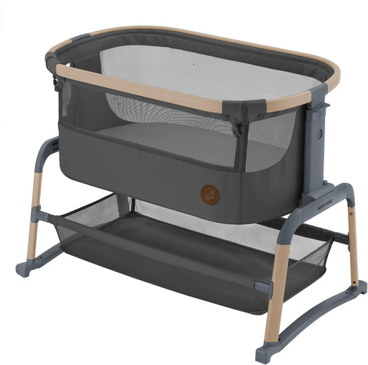 Maxi-Cosi Berço Iora Air Co Sleeper, berço de cabeceira de malha versátil, 0–6 meses (9 kg), modo de balanço, 4 posições de inclinação e 5 posições de altura, deslizamento fácil, fácil de transportar, Eco Care, 2 rodas, além Grafite
