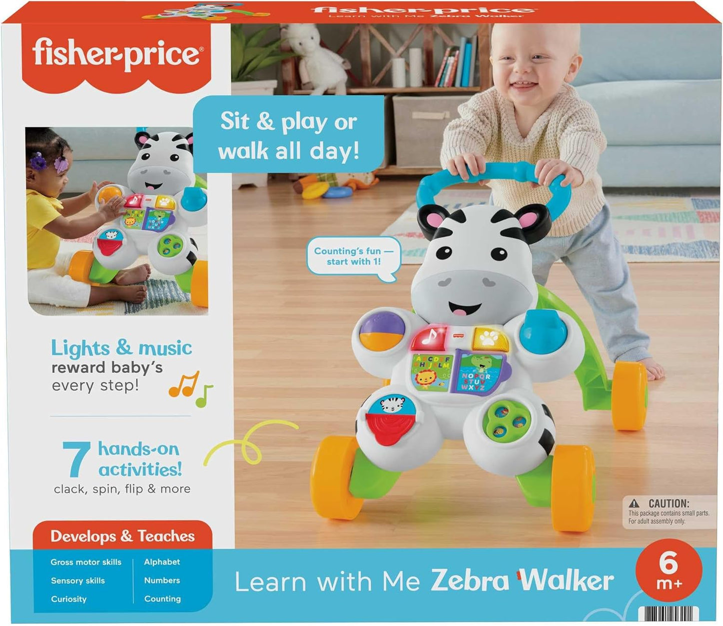 Andador Zebra Aprenda Comigo da Fisher-Price | Andador de Empurrar para Bebês com Luzes e Música, Brinquedo para Meninas e Meninos | Andador de Empurrar Interativo para Bebês e Crianças Pequenas | Versão em Inglês do Reino Unido, GXC31