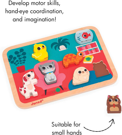 Janod - Rompecabezas Robusto “Mascotas” - Madera FSC - 7 Piezas - Desarrolla la motricidad fina, la concentración y la imaginación - A partir de 18 meses,