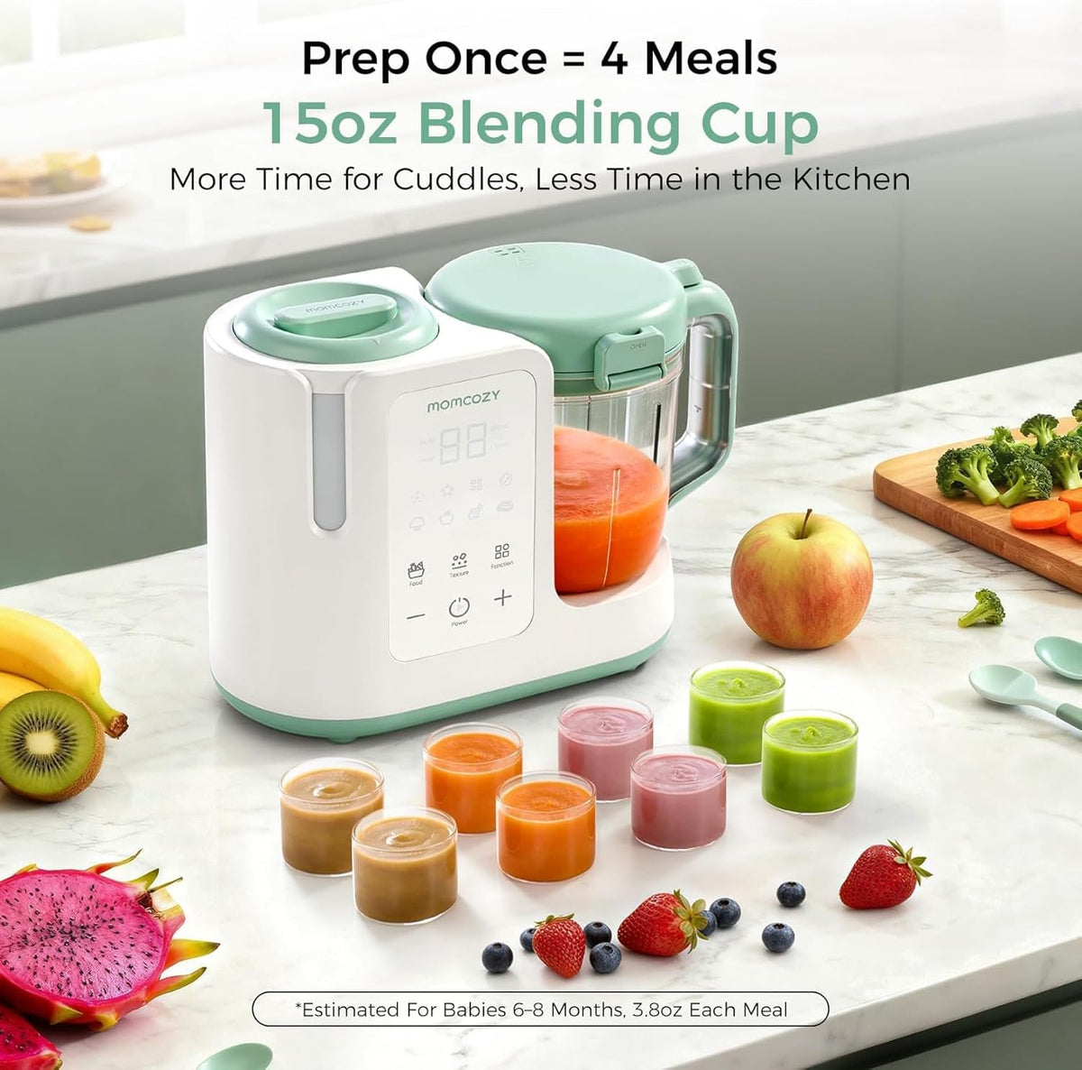 Momcozy Processador de alimentos para bebês AutoMeal, com preparo automático em uma única etapa (cozimento a vapor e trituração)