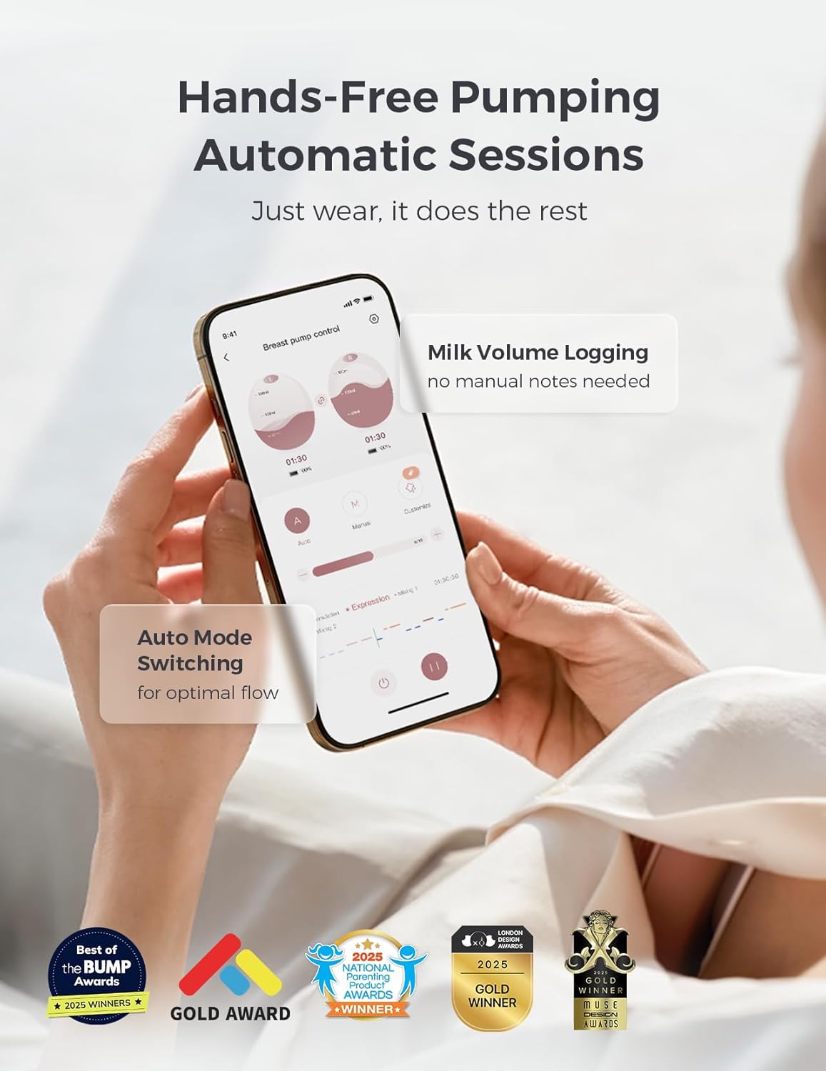Momcozy Bomba tira-leite Air 1 Ultra-Slim, bomba vestível mãos-livres com estojo de carregamento sem fio e controle por aplicativo com modo automático e alerta de leite cheio.